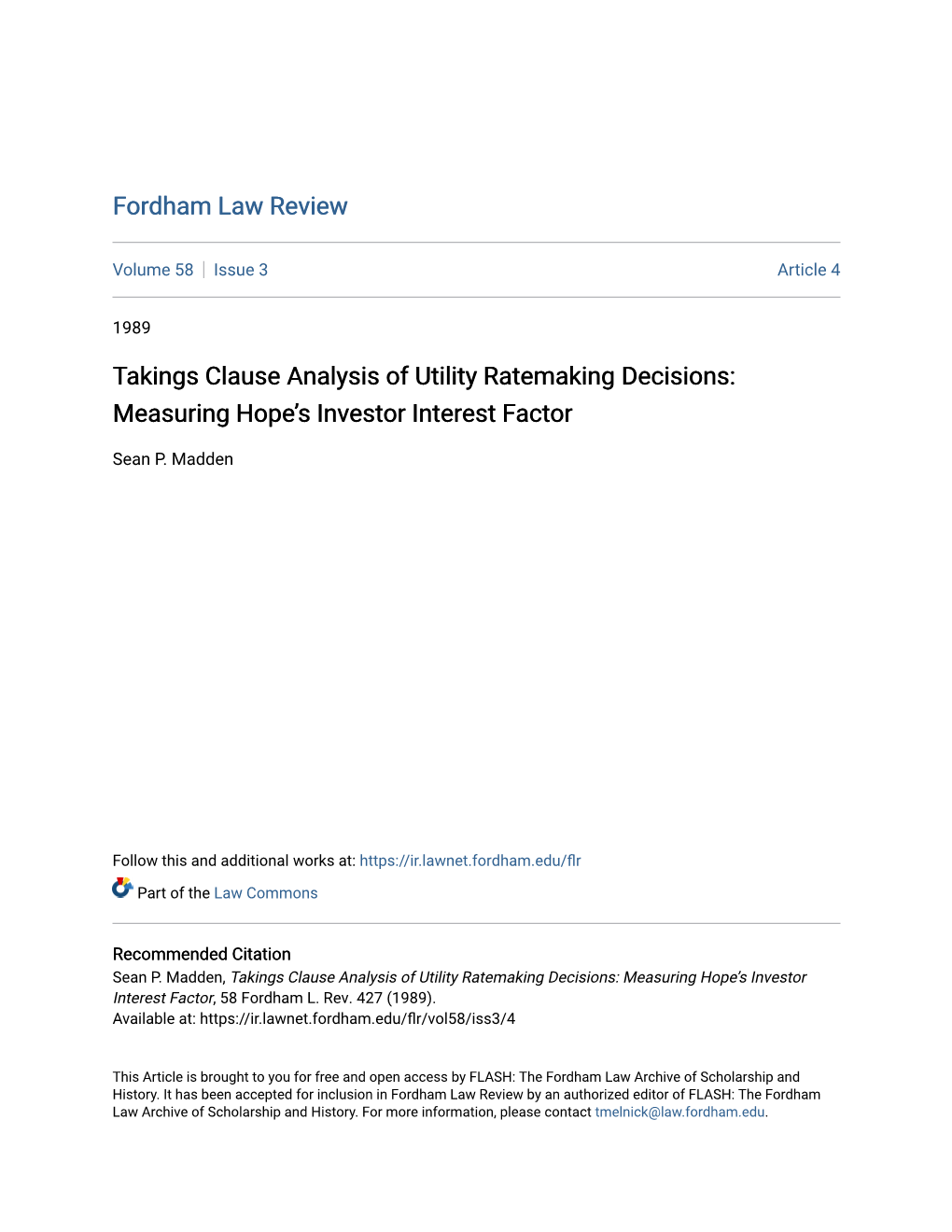 Takings Clause Analysis of Utility Ratemaking Decisions: Measuring Hope’S Investor Interest Factor