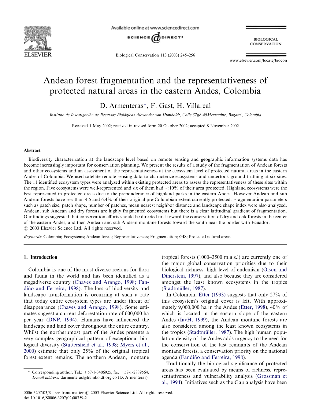 Andean Forest Fragmentation and the Representativeness of Protected Natural Areas in the Eastern Andes, Colombia