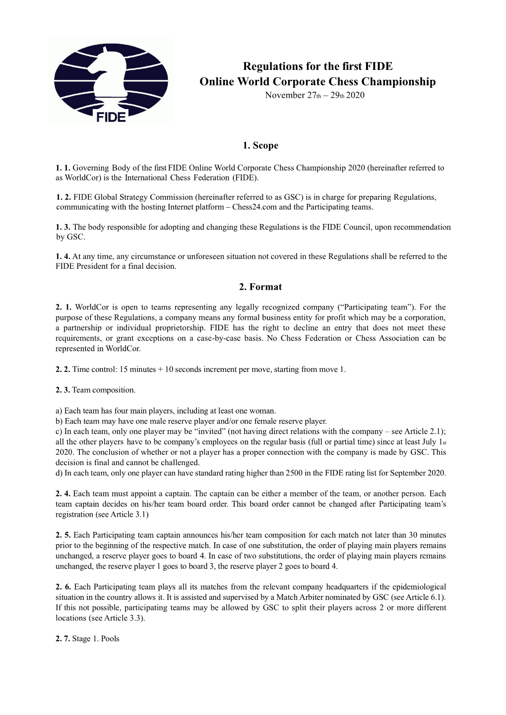 Regulations for the First FIDE Online World Corporate Chess Championship November 27Th – 29Th 2020