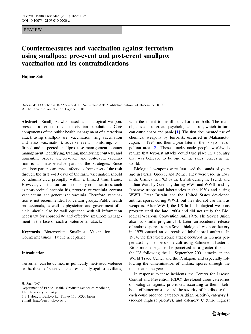 Countermeasures and Vaccination Against Terrorism Using Smallpox: Pre-Event and Post-Event Smallpox Vaccination and Its Contraindications