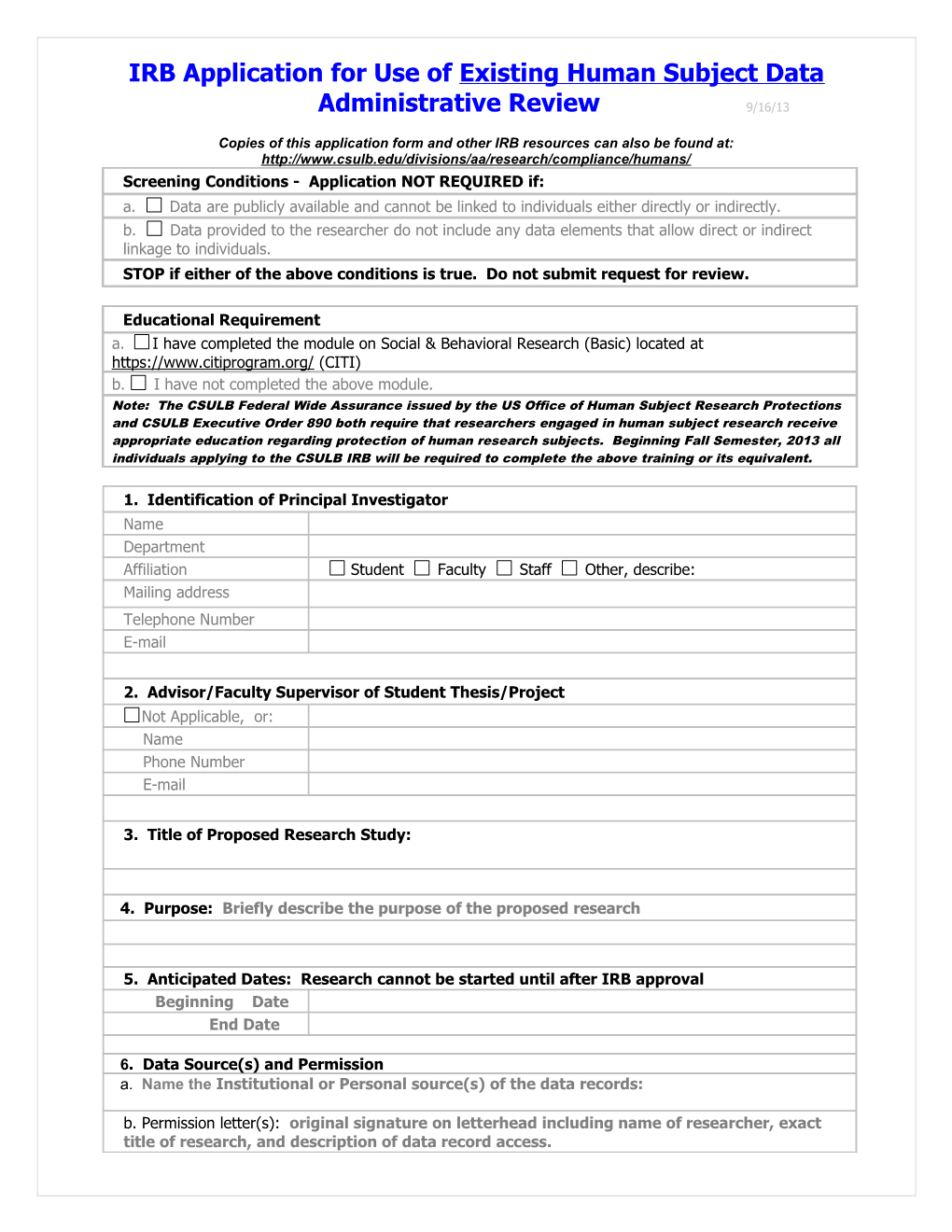 IRB Application For Use Of Existing Data – Administrative Review