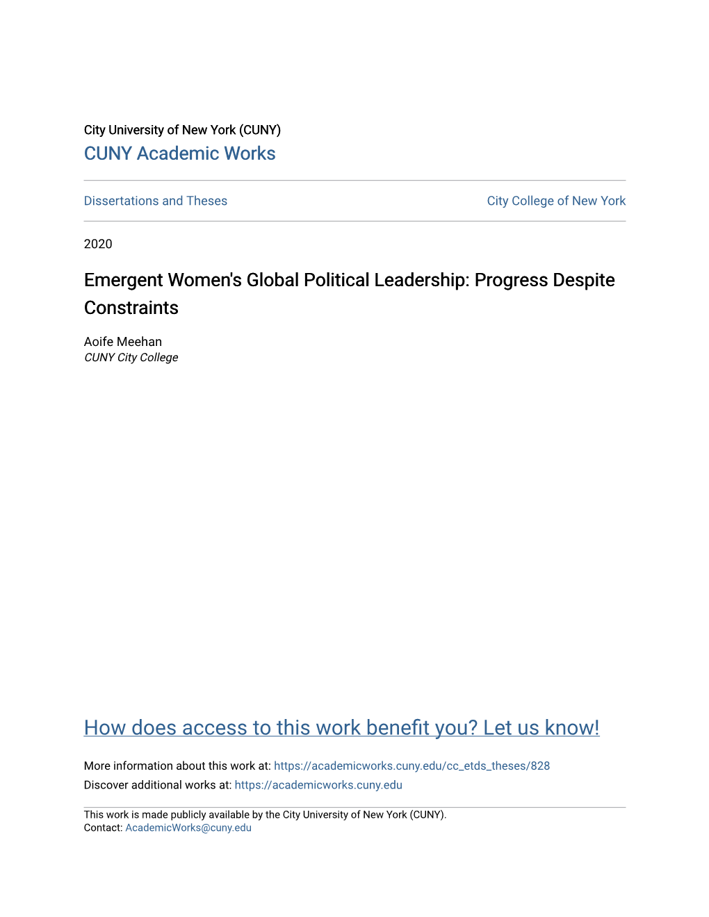 Emergent Women's Global Political Leadership: Progress Despite Constraints