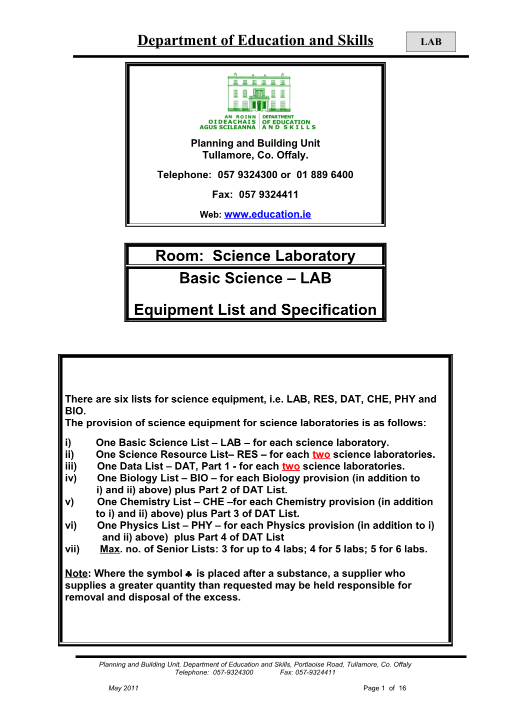 Room: Science Laboratory - Basic Science - LAB - Equipment List And Specification ( File Format Word 470KB)