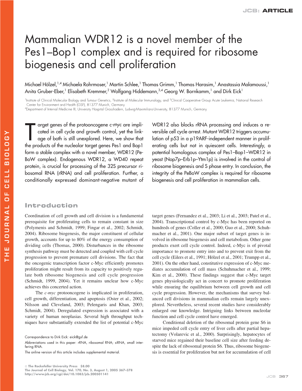 Mammalian Wdr12 Is a Novel Member of the Pes1–Bop1 Complex • Hölzel Et Al