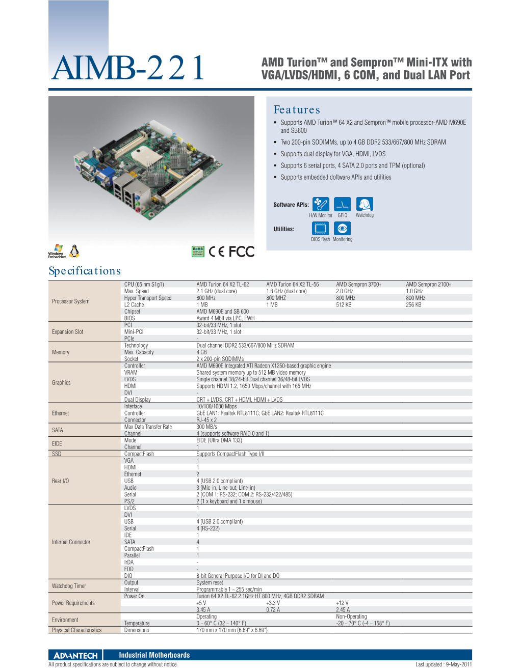 AIMB-221 AMD Turion™ and Sempron™ Mini-ITX With