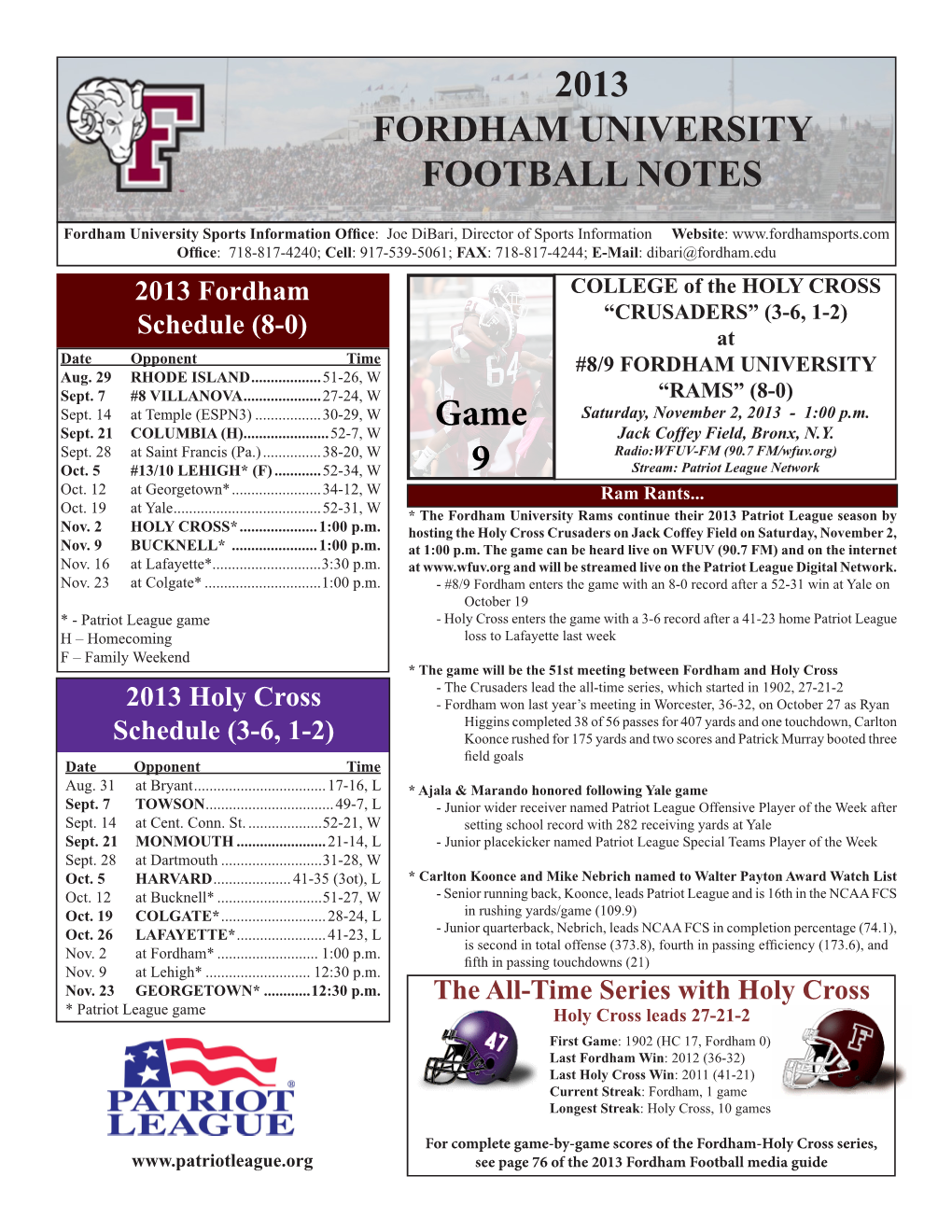 2013 FORDHAM UNIVERSITY FOOTBALL NOTES Game 9