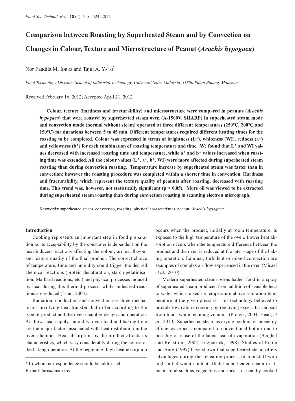 Comparison Between Roasting by Superheated Steam and by Convection On