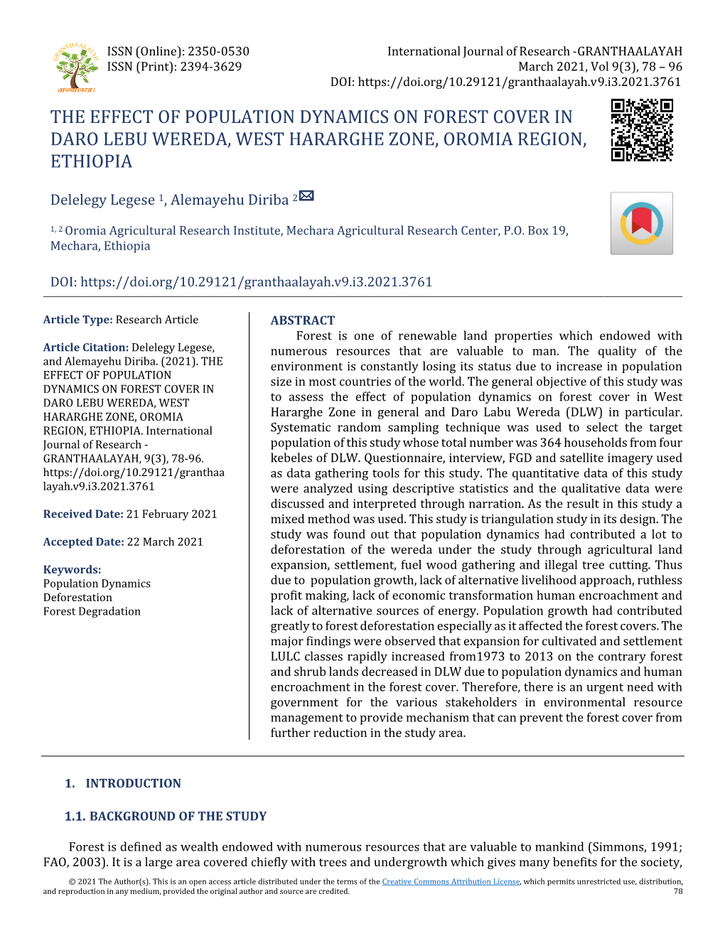 The Effect of Population Dynamics on Forest Cover in Daro Lebu Wereda, West Hararghe Zone, Oromia Region, Ethiopia