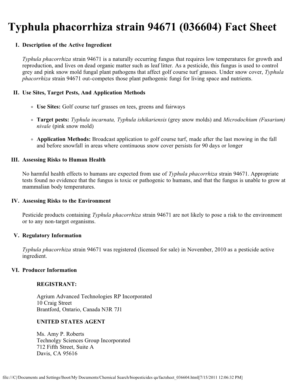 Biopesticide Fact Sheet for Typhula Phacorrhiza Strain 94671