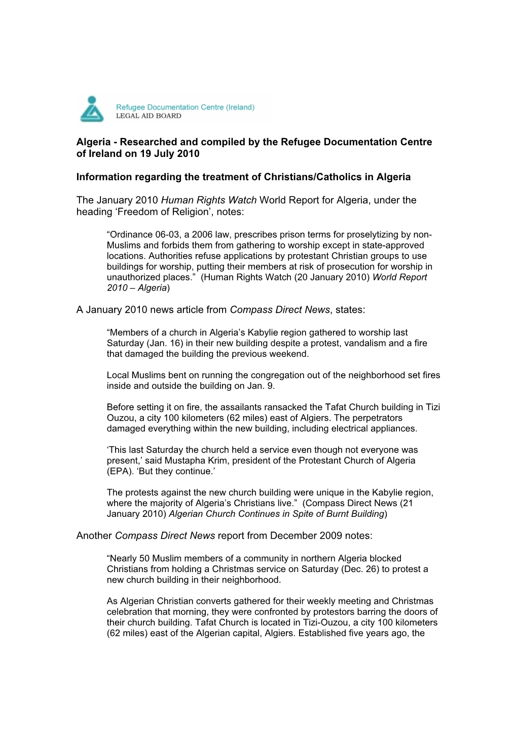 Algeria - Researched and Compiled by the Refugee Documentation Centre of Ireland on 19 July 2010