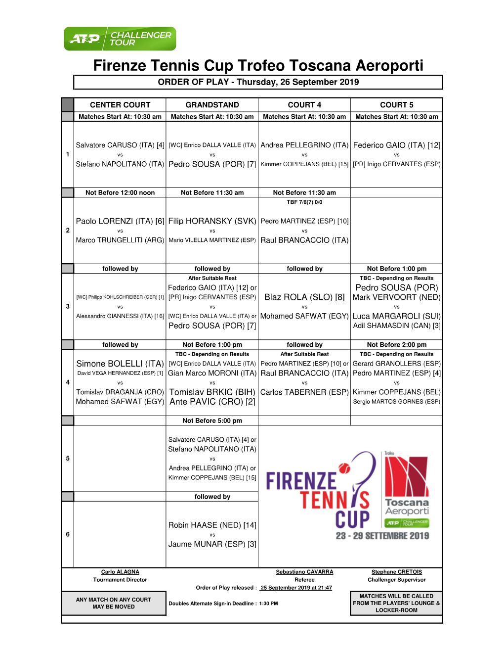 Firenze Tennis Cup Trofeo Toscana Aeroporti ORDER of PLAY - Thursday, 26 September 2019