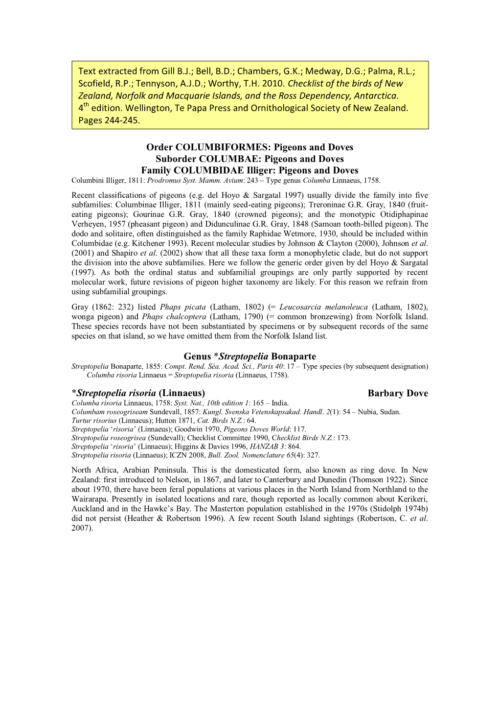 Order COLUMBIFORMES: Pigeons and Doves Suborder COLUMBAE: Pigeons and Doves Family COLUMBIDAE Illiger: Pigeons and Doves Columbini Illiger, 1811: Prodromus Syst