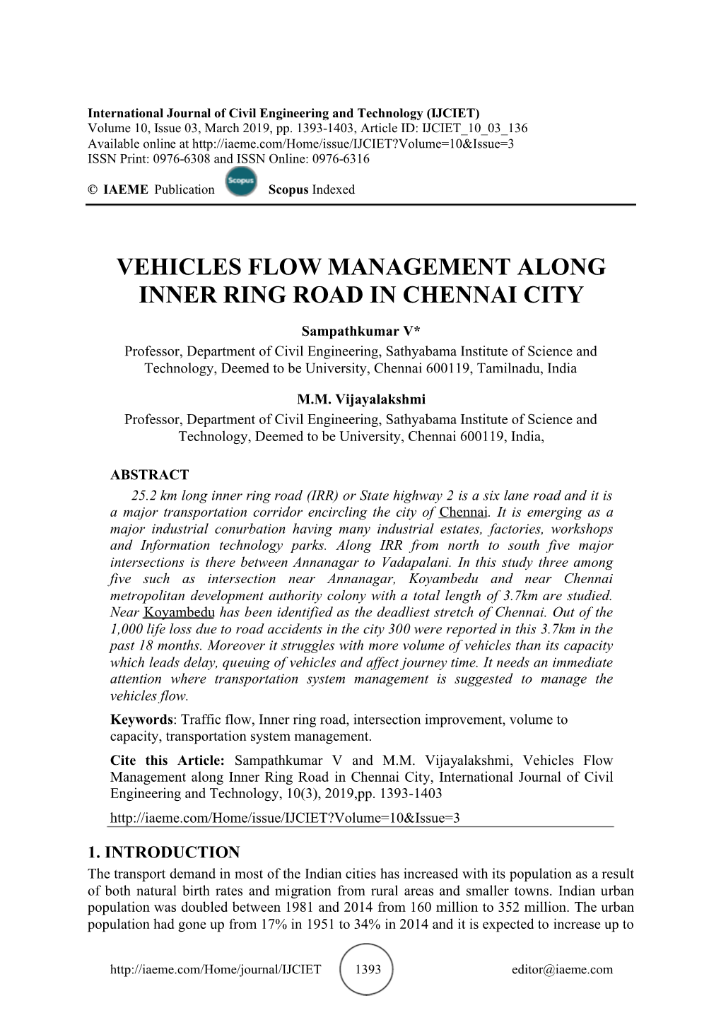 Vehicles Flow Management Along Inner Ring Road in Chennai City