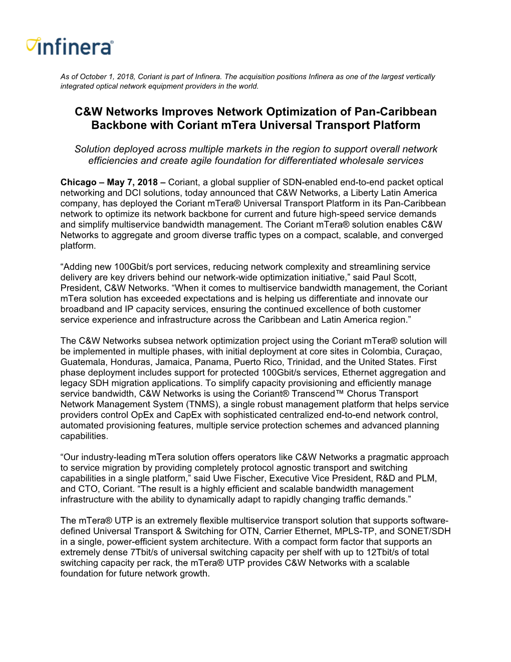 C&W Networks Improves Network Optimization of Pan-Caribbean Backbone with Coriant Mtera Universal Transport Platform