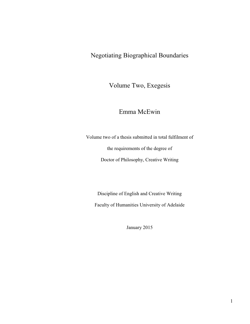 Negotiating Biographical Boundaries Volume Two, Exegesis Emma Mcewin