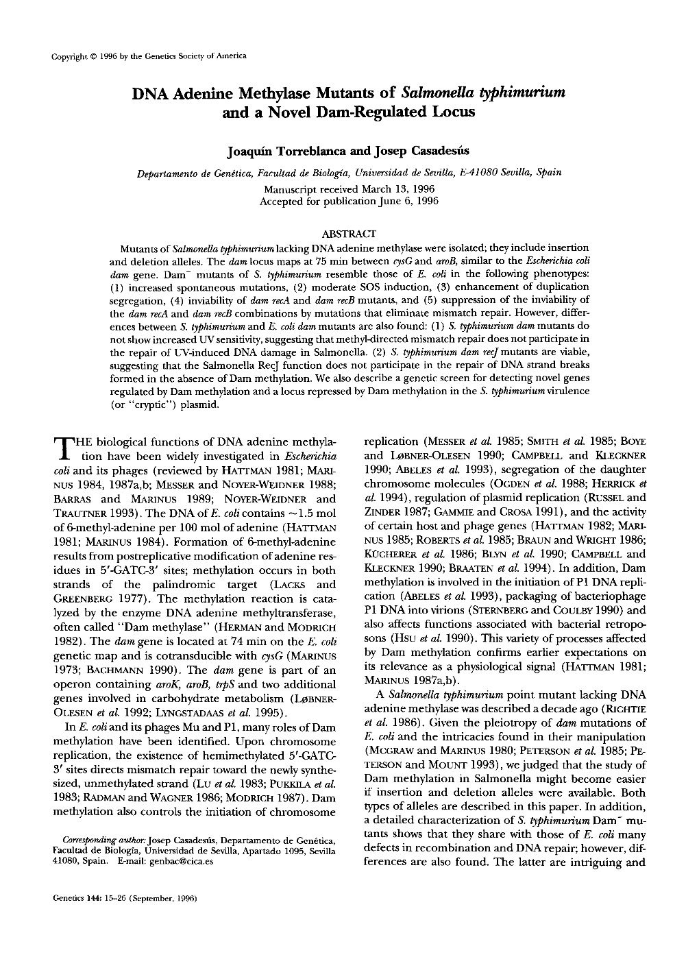 DNA Adenine Methylase Mutants of Salmonella Eylbhimurium and a Novel Dam-Regulated Locus