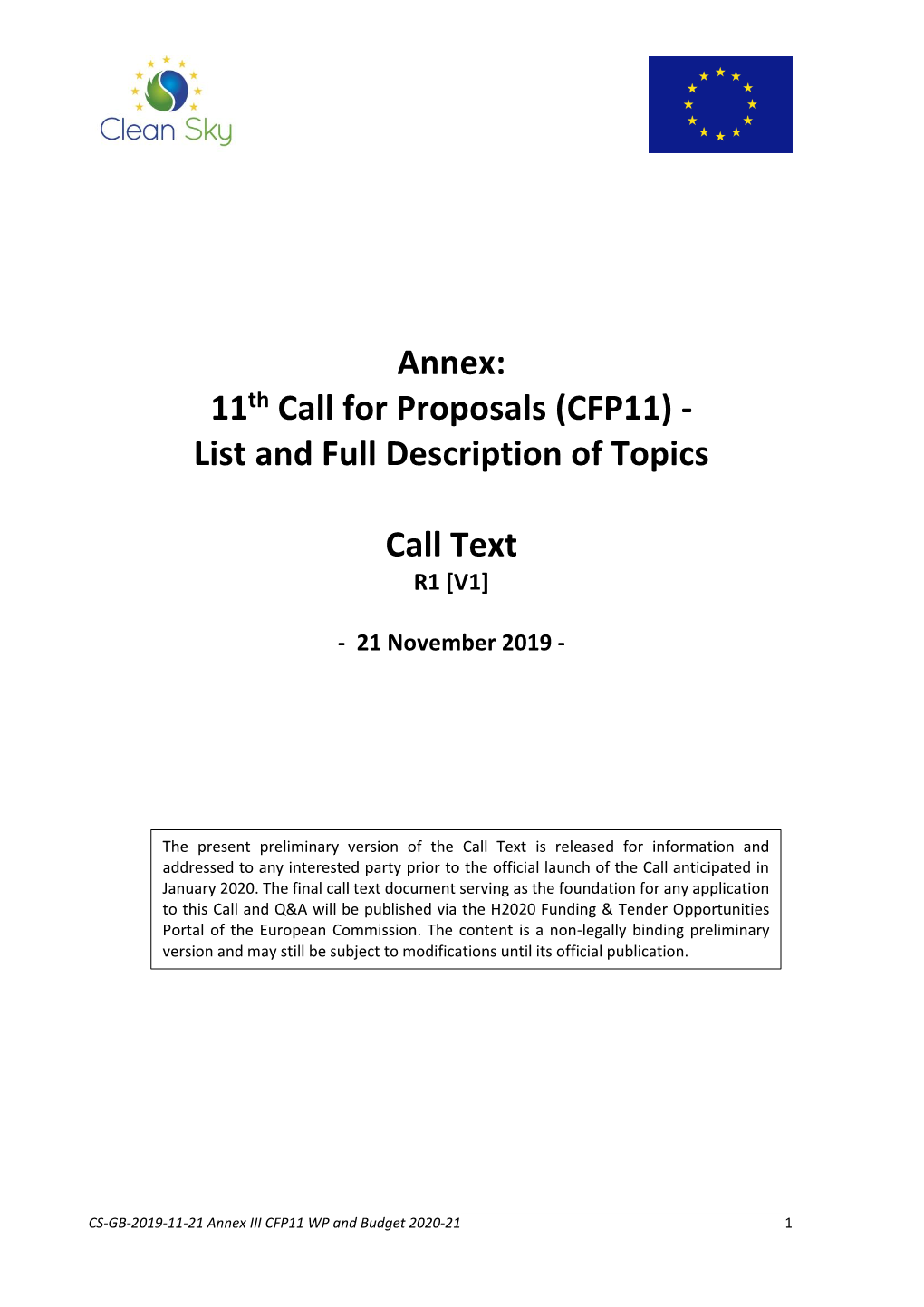 Annex: 11Th Call for Proposals (CFP11) - List and Full Description of Topics