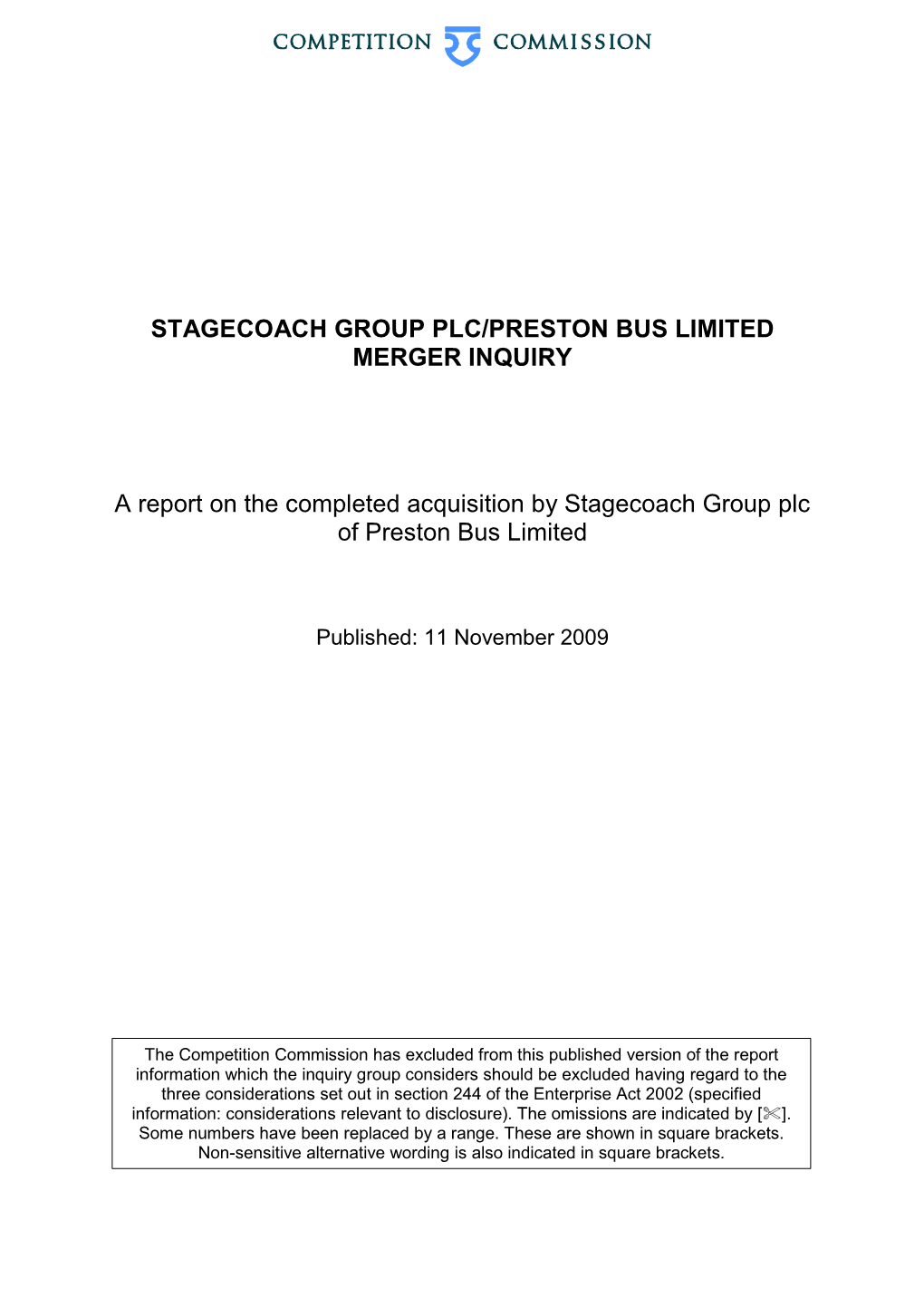 Stagecoach Group Plc/Preston Bus Limited Merger Inquiry