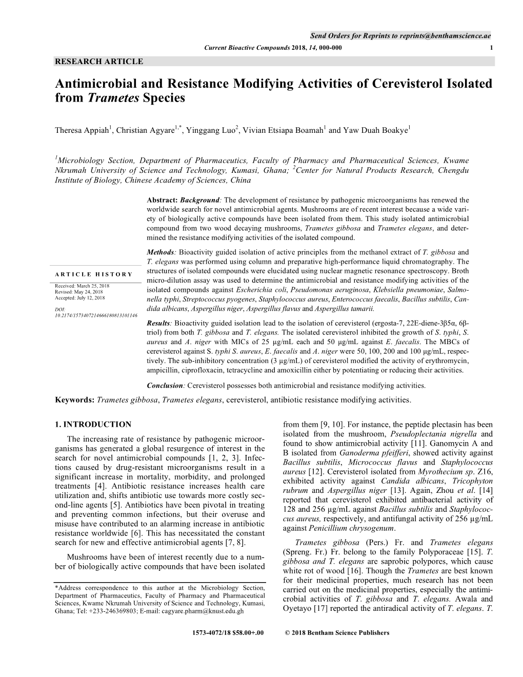 Antimicrobial and Resistance Modifying Activities of Cerevisterol Isolated from Trametes Species