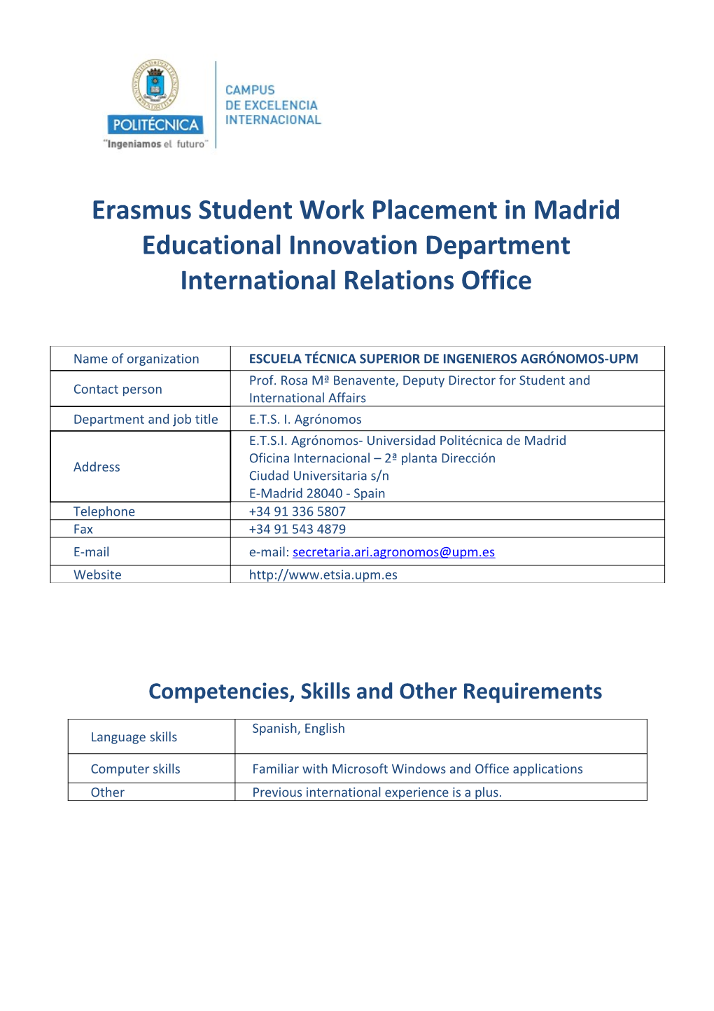 Erasmus Student Work Placement in Madrid International Relations Office