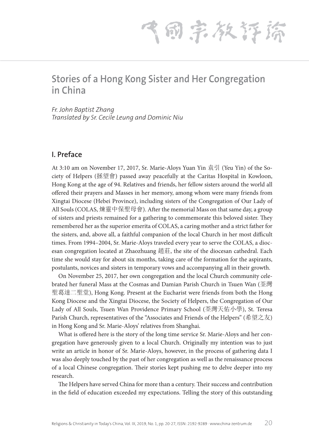 Stories of a Hong Kong Sister and Her Congregation in China