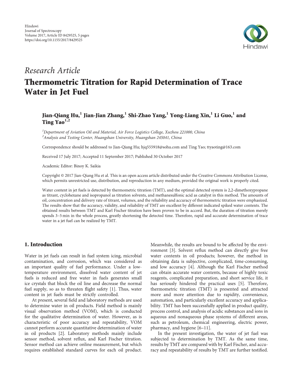 Thermometric Titration for Rapid Determination of Trace Water in Jet Fuel