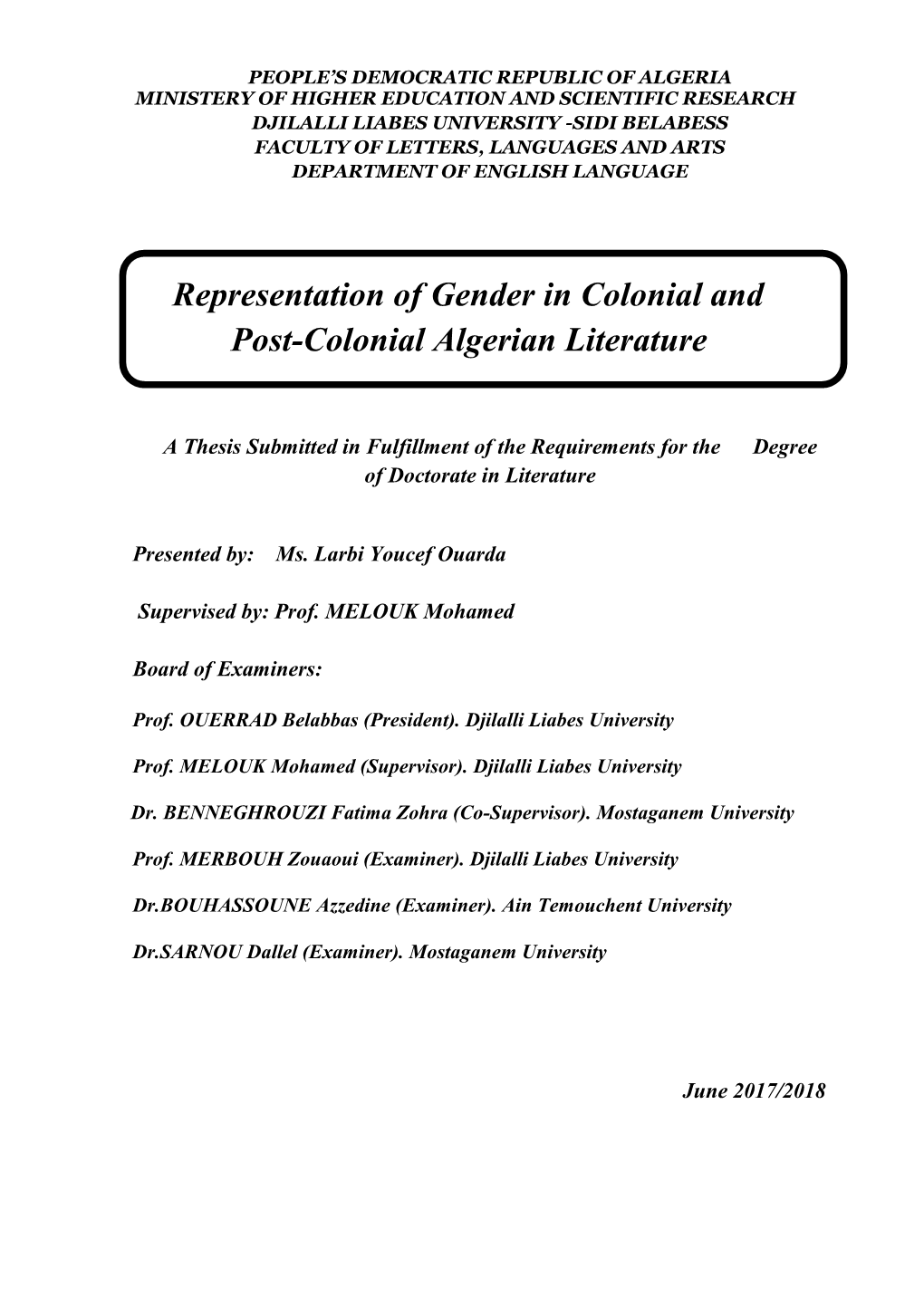 Representation of Gender in Colonial and Post-Colonial Algerian Literature