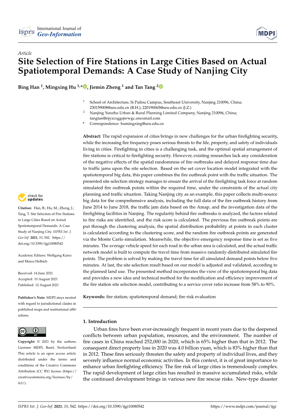 Site Selection of Fire Stations in Large Cities Based on Actual Spatiotemporal Demands: a Case Study of Nanjing City