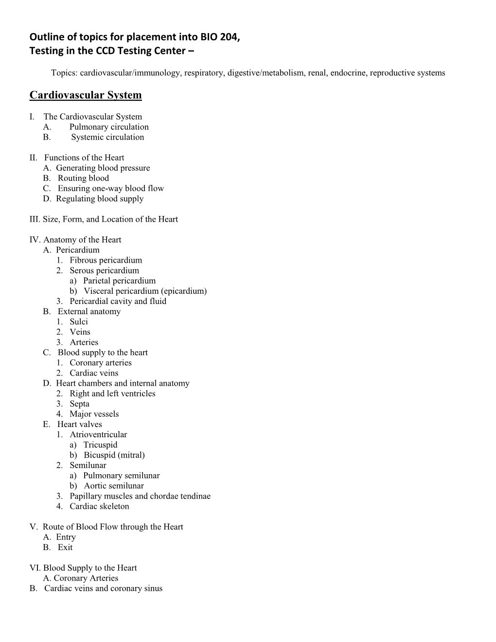 Outline of Topics for the BIO 204 Test in the CCD Testing Center –