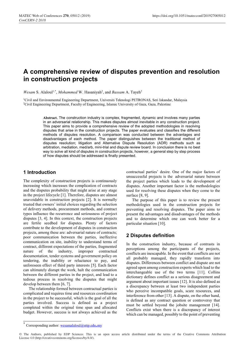 A Comprehensive Review of Disputes Prevention and Resolution in Construction Projects