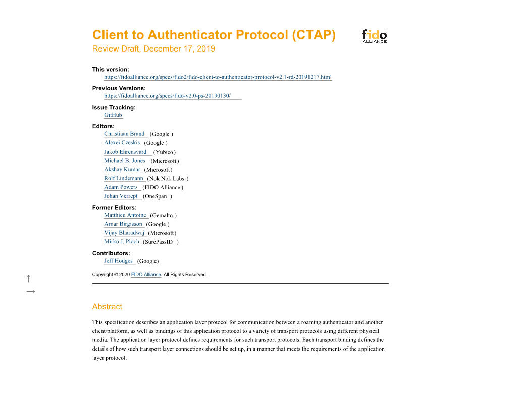 Client to Authenticator Protocol (CTAP) Review Draft, December 17, 2019