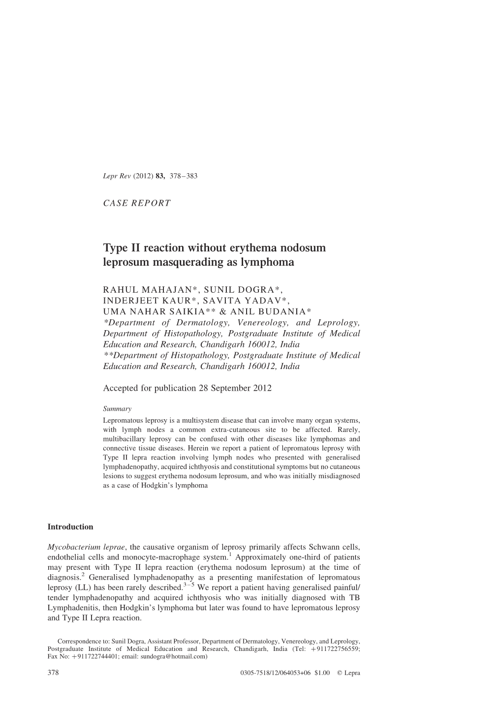 Type II Reaction Without Erythema Nodosum Leprosum Masquerading As Lymphoma