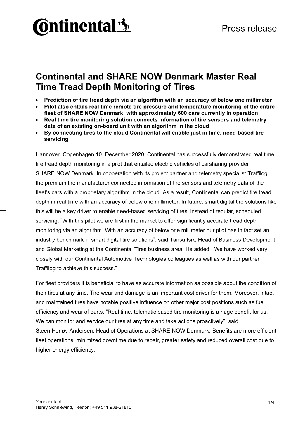 Press Release Continental and SHARE NOW Denmark Master