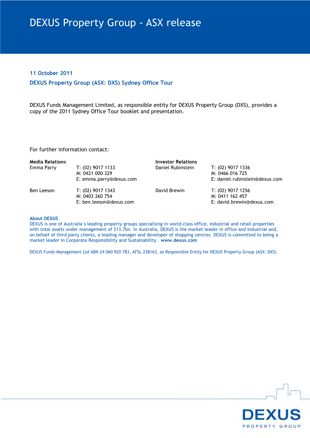 2011 10 11 DXS ASX 2 Sydney Office Tour Book and Presentation COMBINED