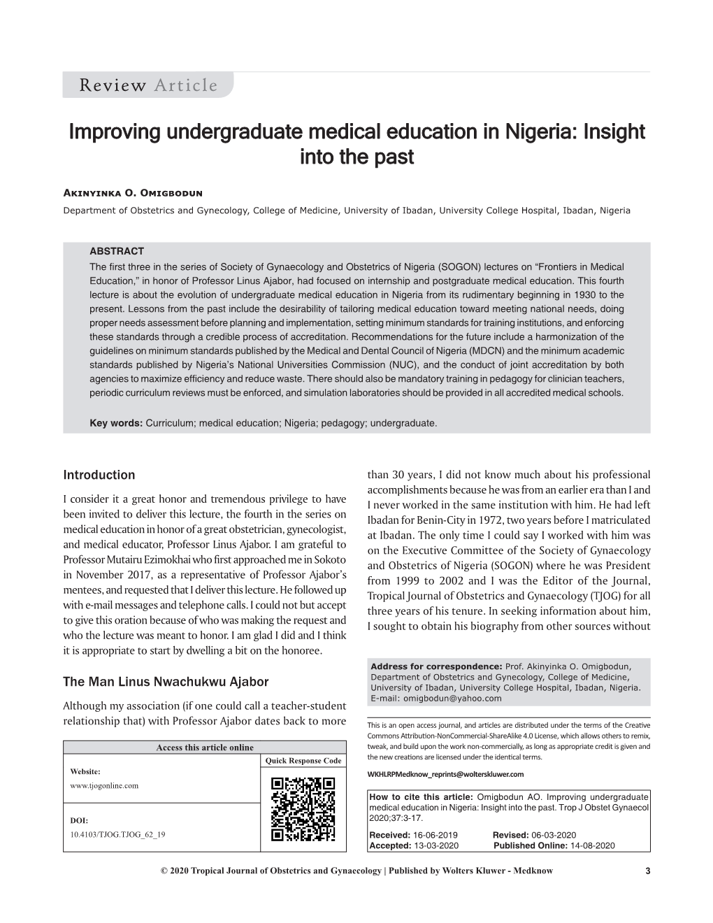 Improving Undergraduate Medical Education in Nigeria: Insight Into the Past