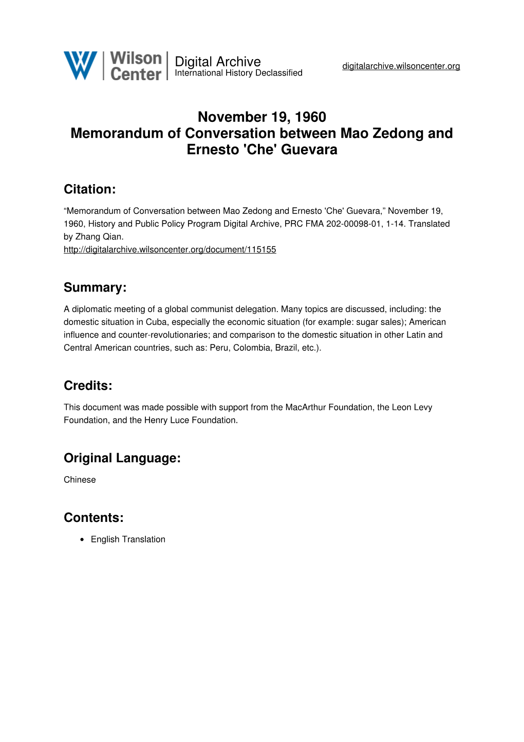 November 19, 1960 Memorandum of Conversation Between Mao Zedong and Ernesto 'Che' Guevara