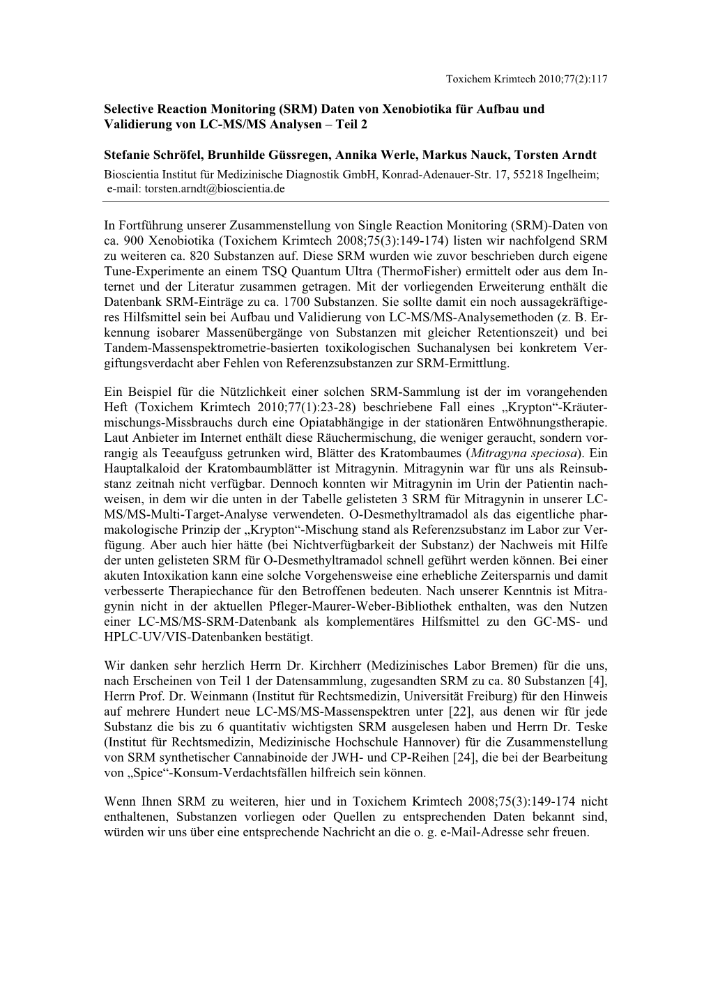 Selective Reaction Monitoring (SRM) Daten Von Xenobiotika Für Aufbau Und Validierung Von LC-MS/MS Analysen – Teil 2