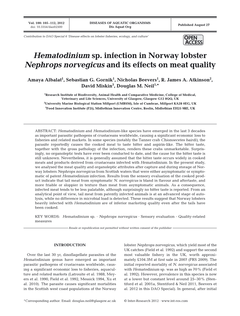 Hematodinium Sp. Infection in Norway Lobster Nephrops Norvegicus and Its Effects on Meat Quality