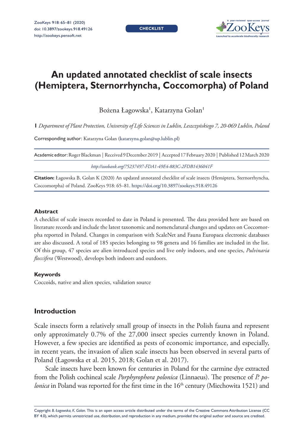 An Updated Annotated Checklist of Scale Insects (Hemiptera, Sternorrhyncha, Coccomorpha) of Poland
