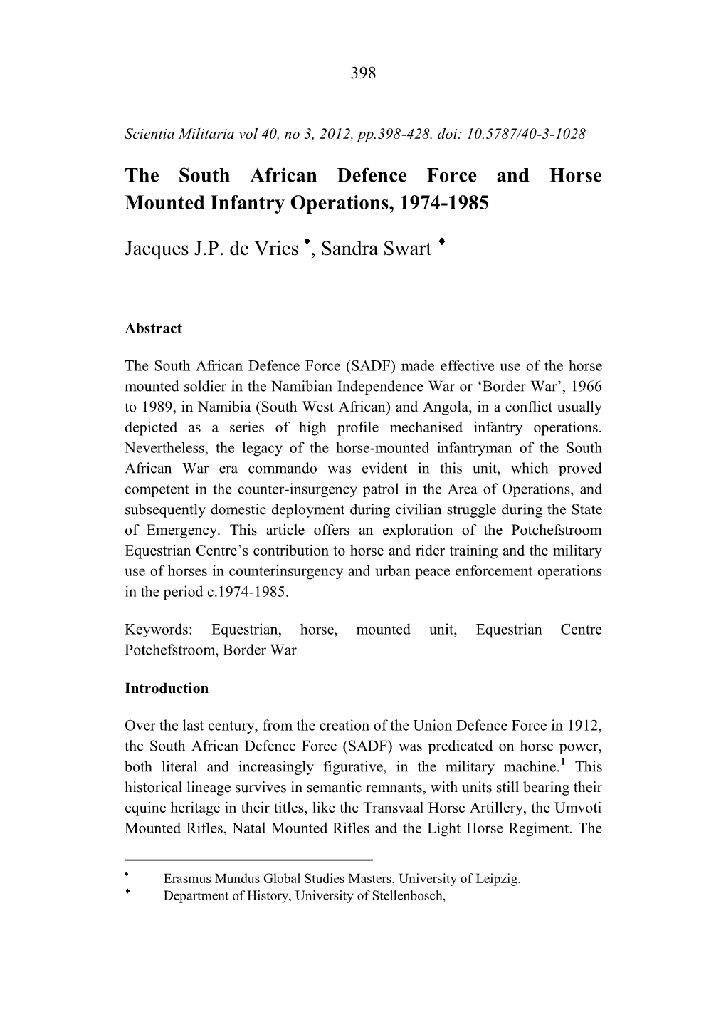 The South African Defence Force and Horse Mounted Infantry Operations, 1974-1985