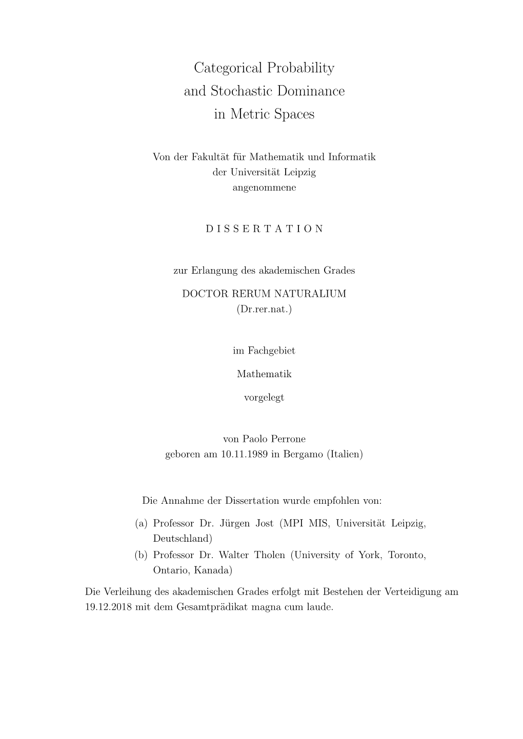 Categorical Probability and Stochastic Dominance in Metric Spaces