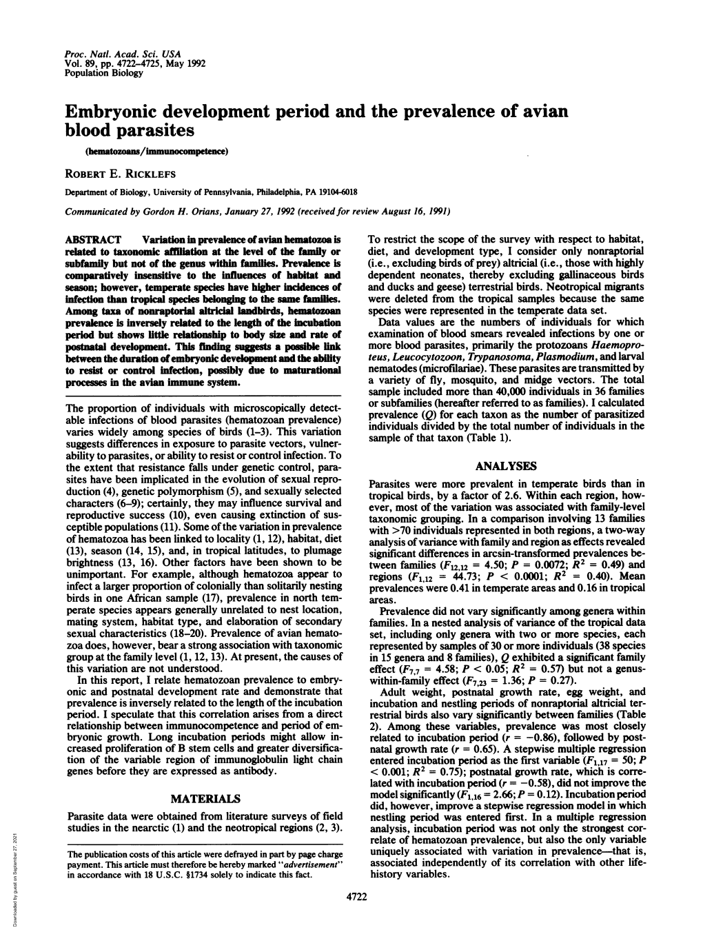 Embryonic Development Period and the Prevalence of Avian Blood Parasites (Bematozoans/Immunocompetence) ROBERT E