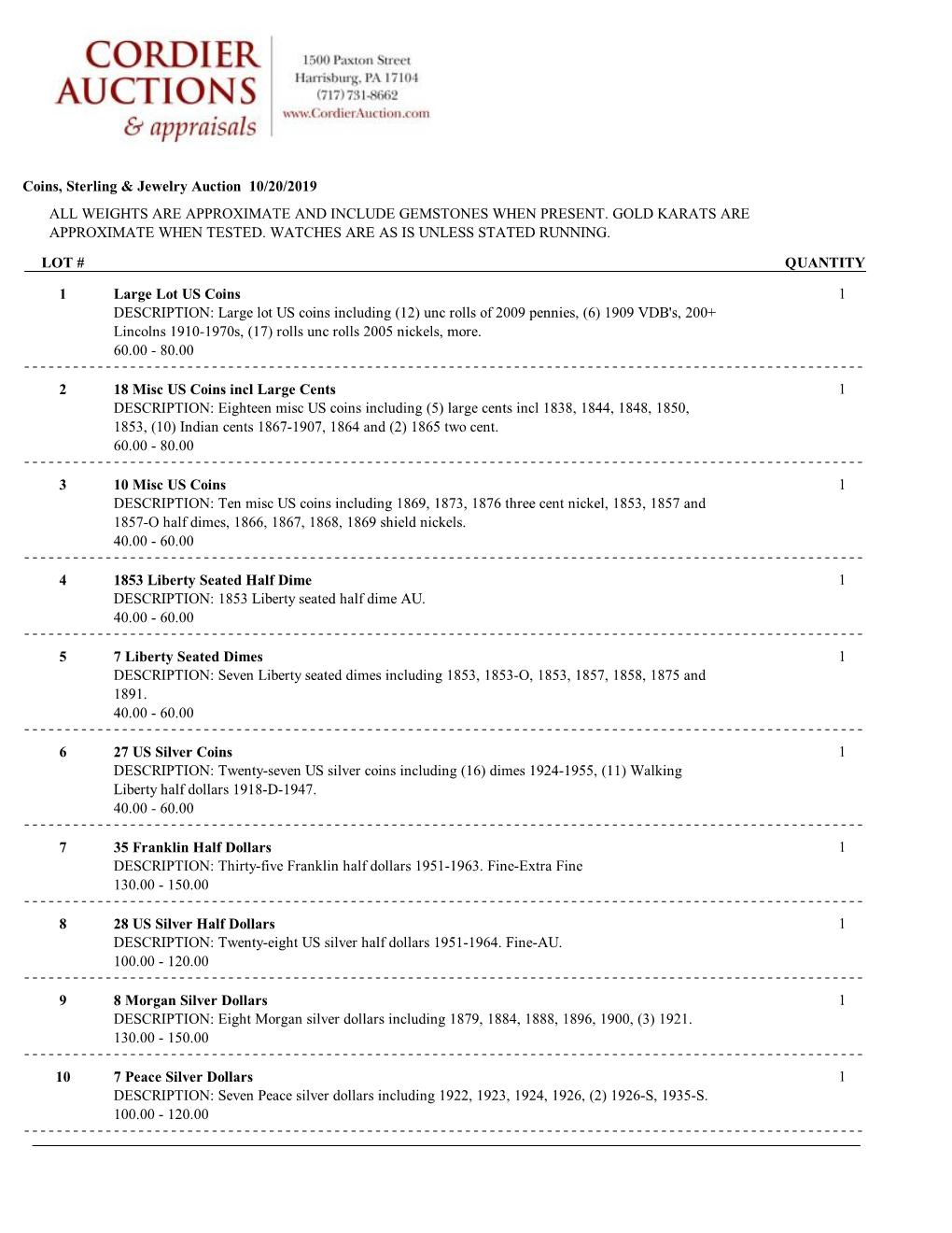 Coins, Sterling & Jewelry Auction 10/20/2019 ALL WEIGHTS ARE
