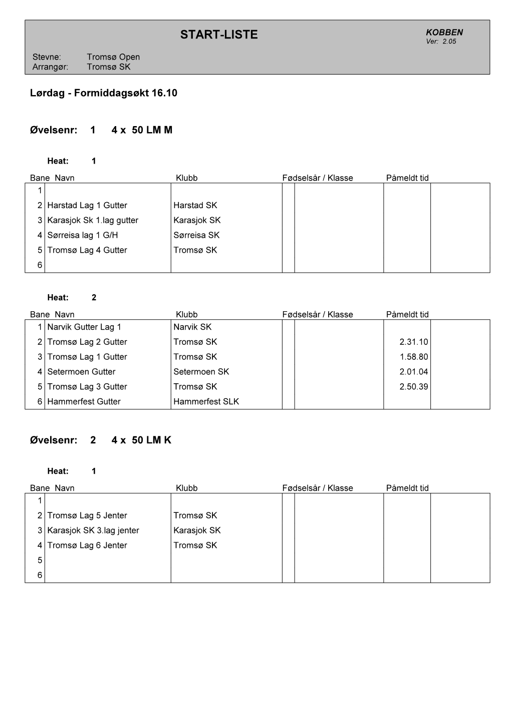 START-LISTE KOBBEN Ver: 2.05