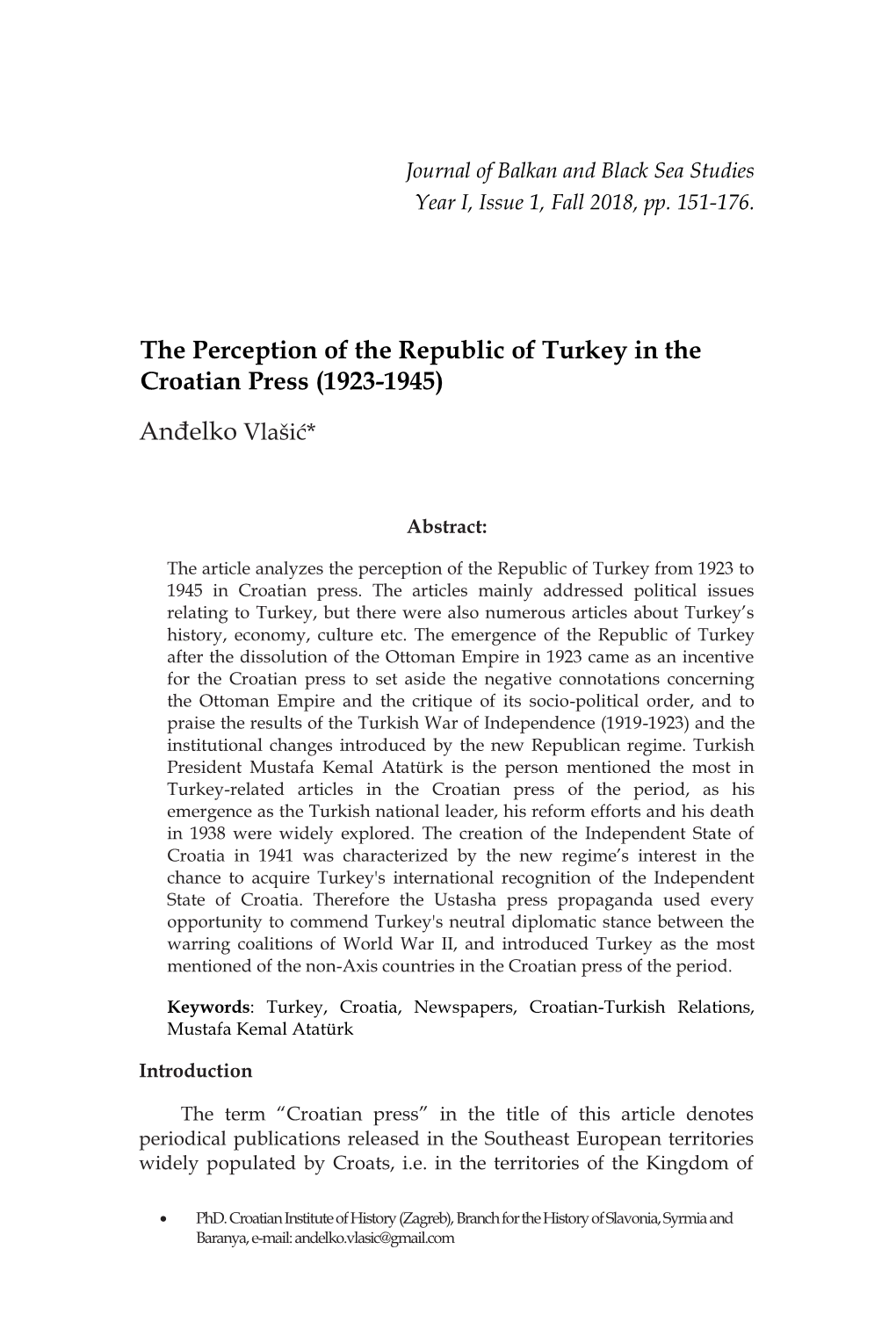 The Perception of the Republic of Turkey in the Croatian Press (1923-1945)