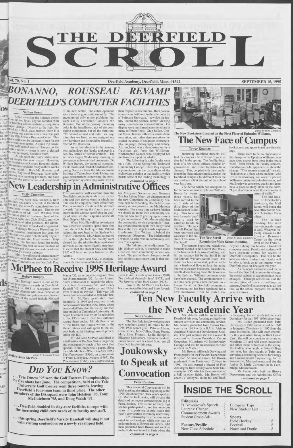 SEPTEMBER 15, 1995 NANNO, ROUSSEAU REVAMP PI Hcambeerfield's COMPUTER FACILITIES Osi of the New Center