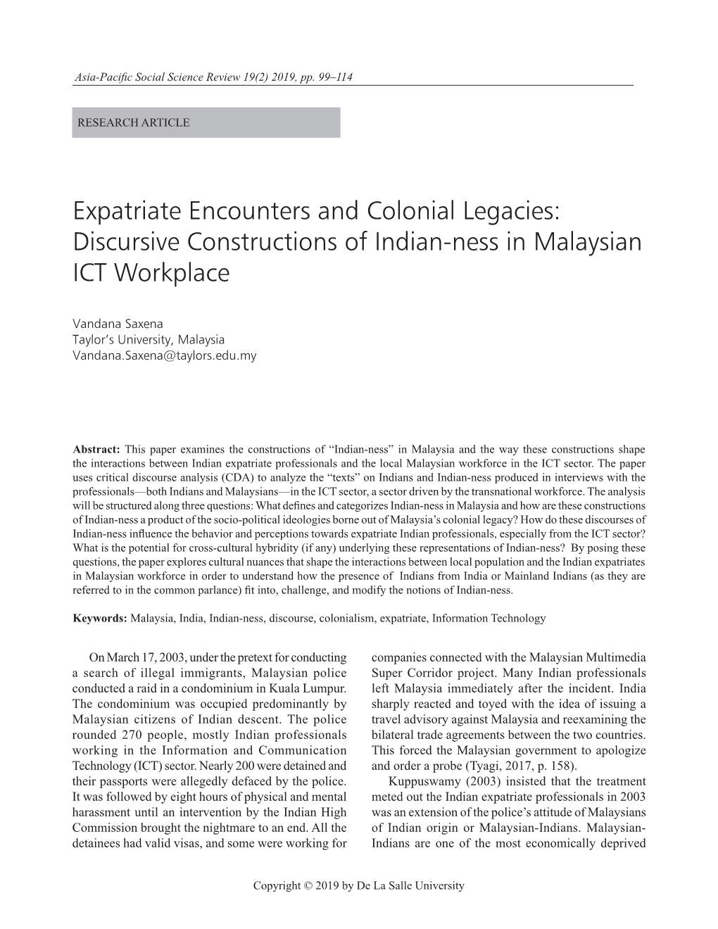 Expatriate Encounters and Colonial Legacies: Discursive Constructions of Indian-Ness in Malaysian ICT Workplace