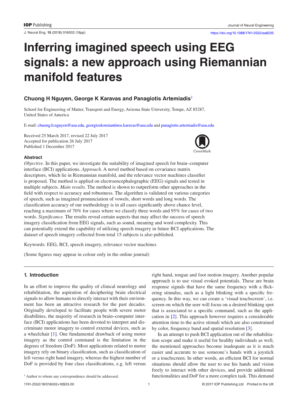 Inferring Imagined Speech Using EEG Signals: a New Approach Using Riemannian Manifold Features Accepted for Publication 26 July 2017 Published 1 December 2017