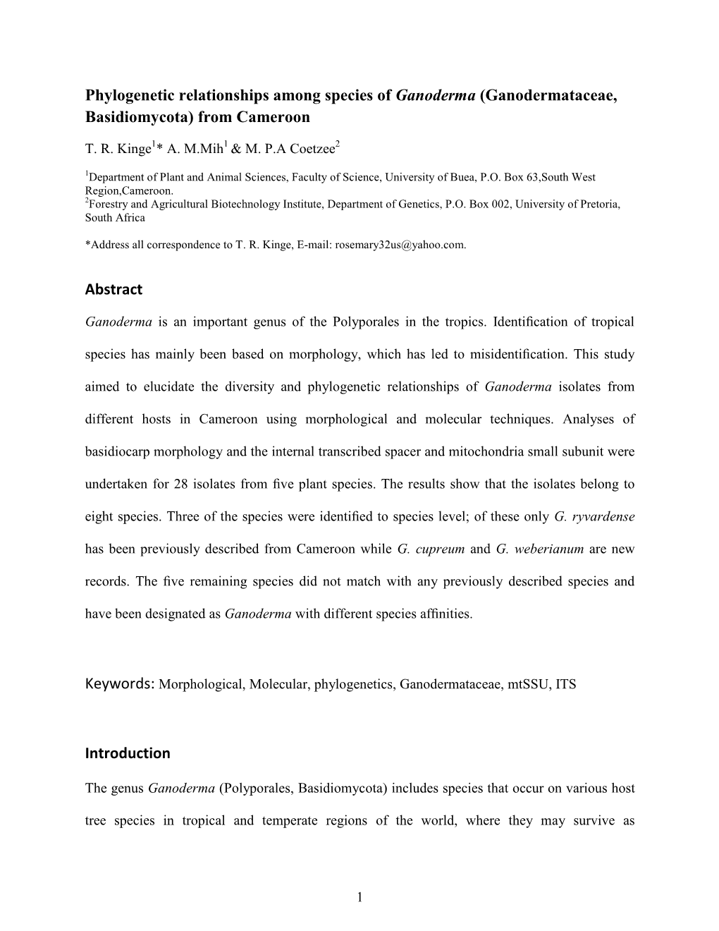 Phylogenetic Relationships Among Species of Ganoderma (Ganodermataceae, Basidiomycota) from Cameroon