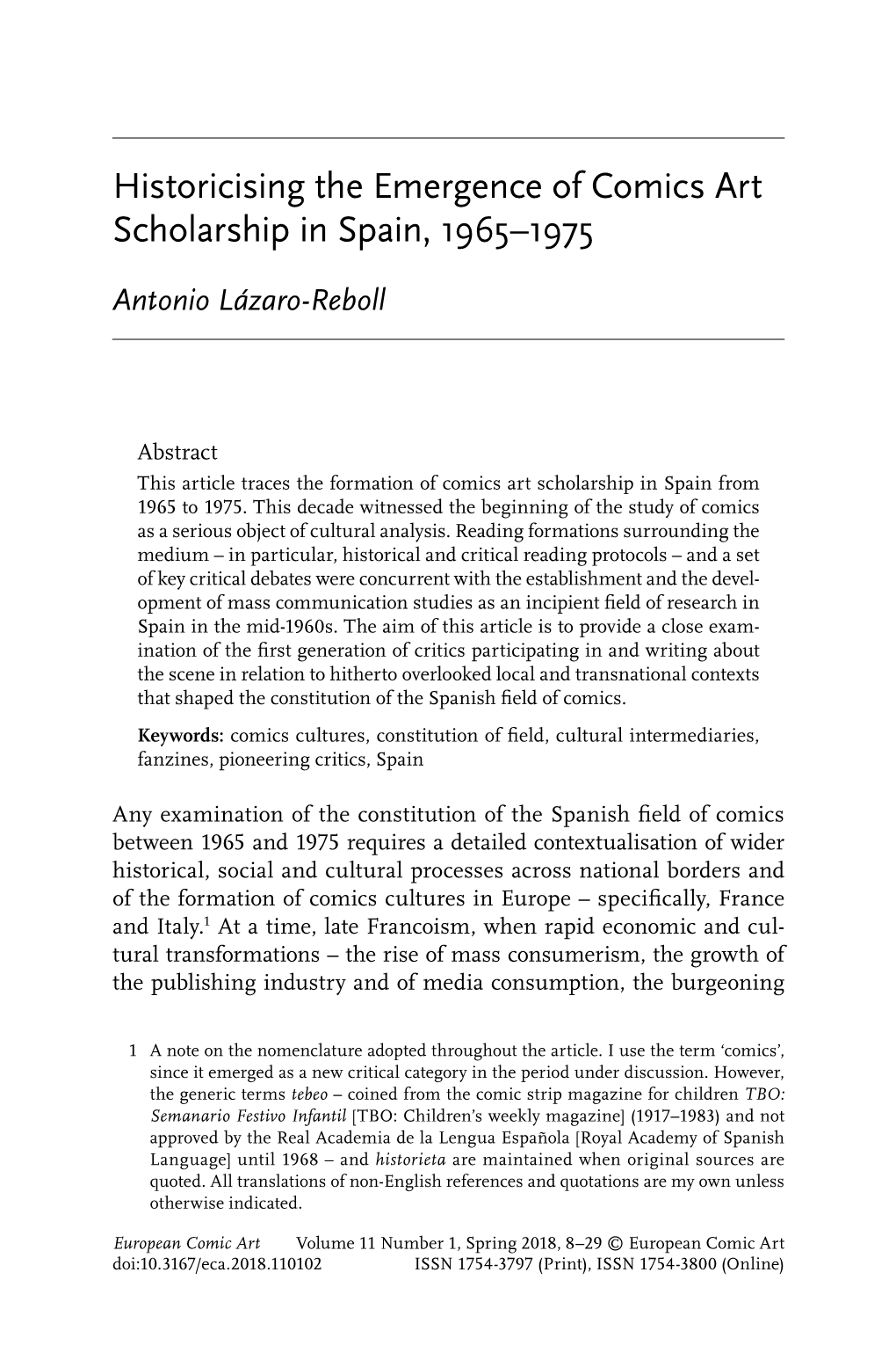 Historicising the Emergence of Comics Art Scholarship in Spain, 1965–1975